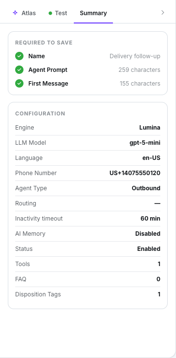 Summary tab with the Required to create checklist and the configuration rows, Engine reading Lumina