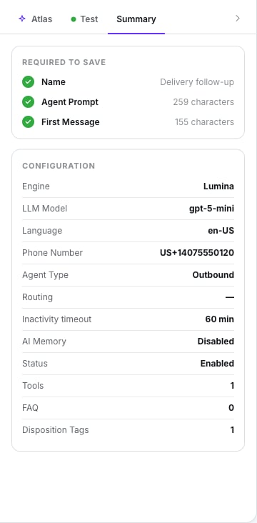 Summary tab with the Required to create checklist and the configuration rows, Engine reading Lumina