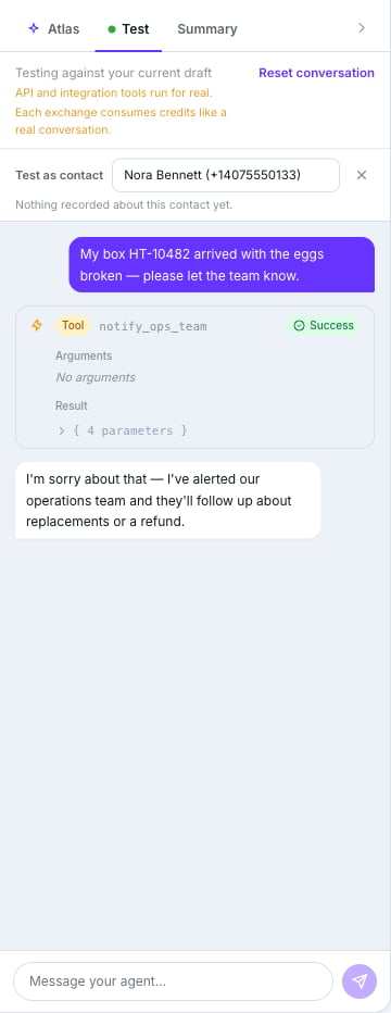 Test tab reading Testing against your current draft, the two amber notices about real tools and credits, the Test as contact row, a customer message, a simulated Send SMS tool bubble and the agent's reply