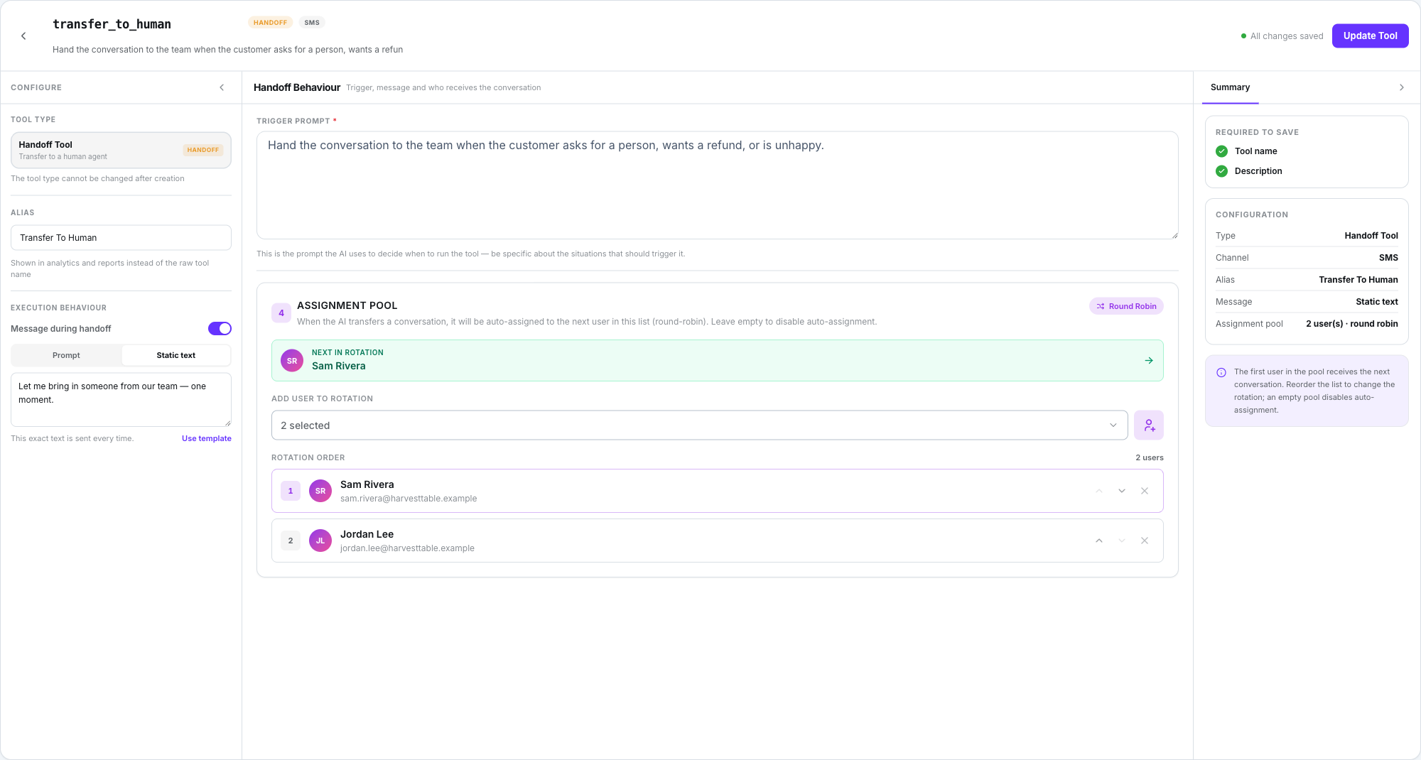 Tool builder with Handoff Tool selected in the Configure rail, a Trigger prompt in the centre, an assignment pool of two users in round robin, and the Summary panel on the right