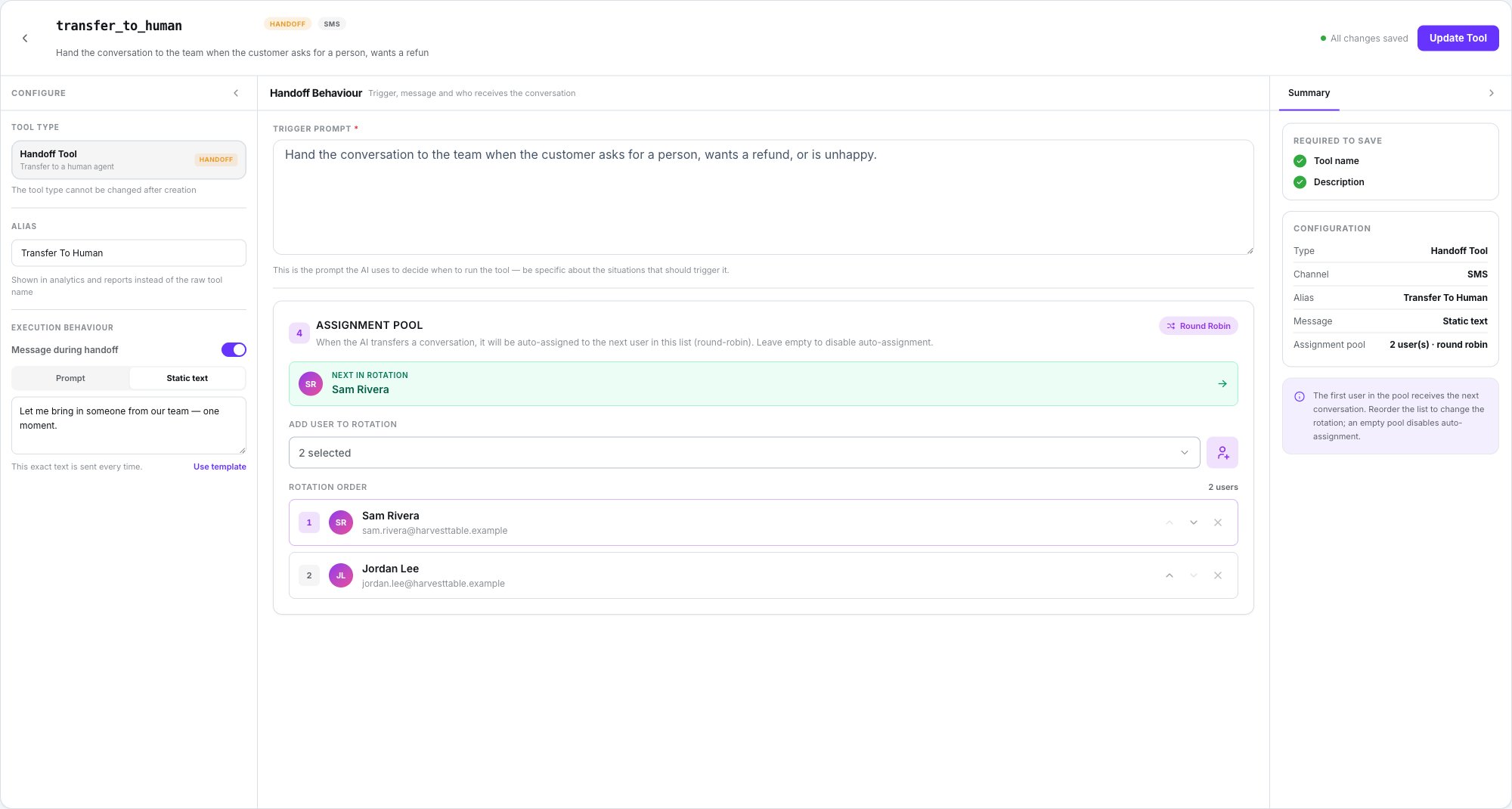 Tool builder with Handoff Tool selected in the Configure rail, a Trigger prompt in the centre, an assignment pool of two users in round robin, and the Summary panel on the right