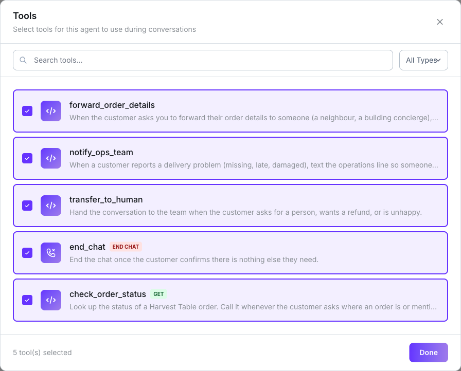 Tools window listing two Send SMS tools, a Handoff tool, an End Chat tool and a GET API tool with their type badges, all five ticked, and 5 tool(s) selected at the bottom