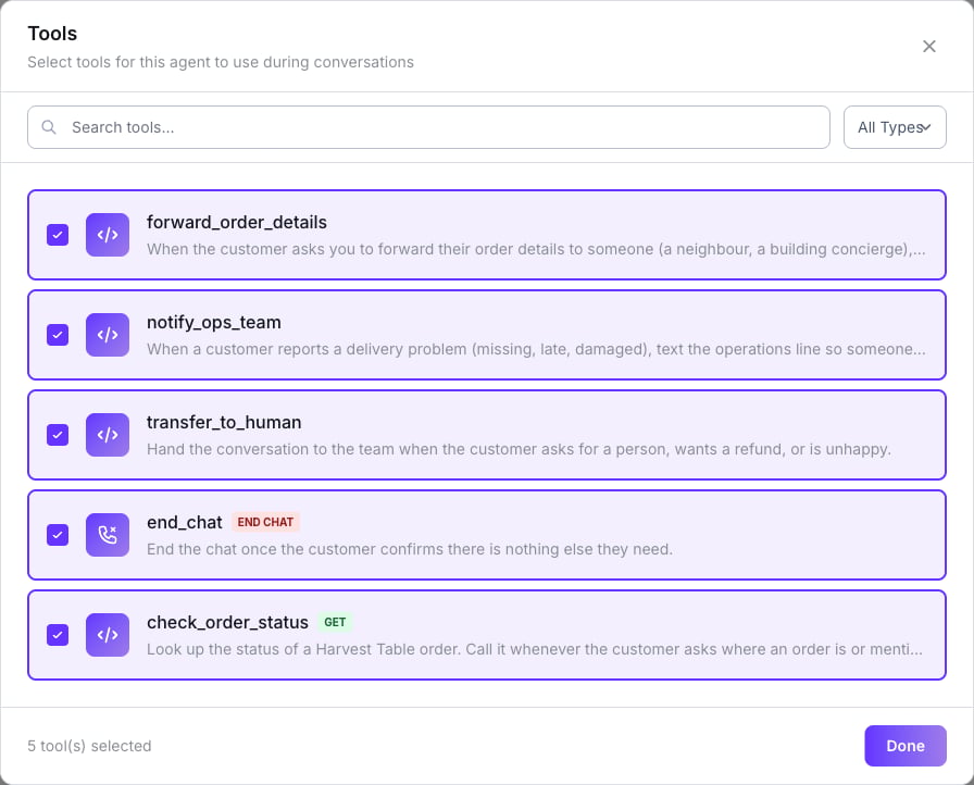 Tools window listing two Send SMS tools, a Handoff tool, an End Chat tool and a GET API tool with their type badges, all five ticked, and 5 tool(s) selected at the bottom