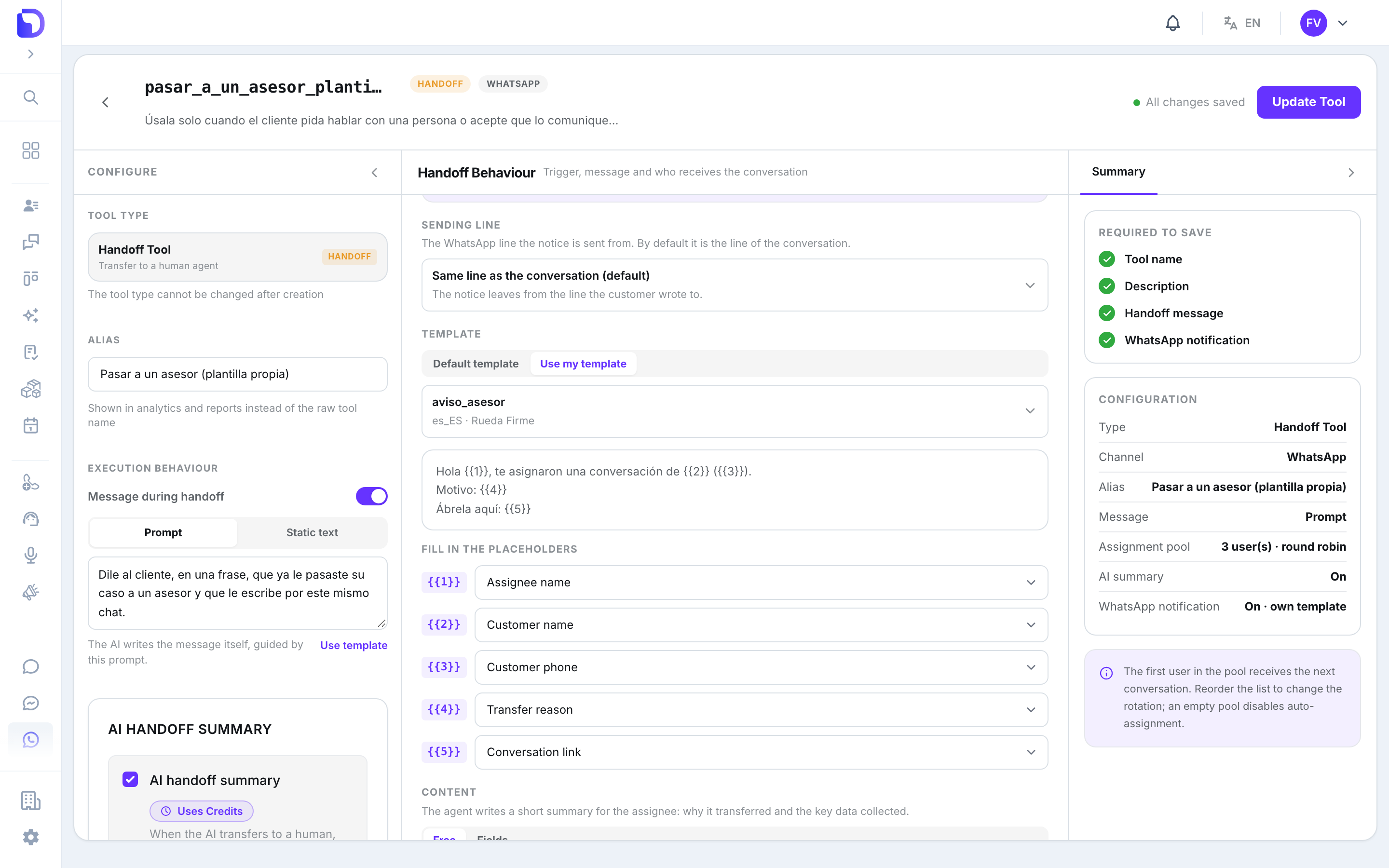 Handoff tool notification section with Template set to Use my template, the aviso_asesor template (es_ES, Rueda Firme) selected with its body, and Fill in the placeholders mapping {{1}} to Assignee name, {{2}} to Customer name, {{3}} to Customer phone, {{4}} to Transfer reason and {{5}} to Conversation link.