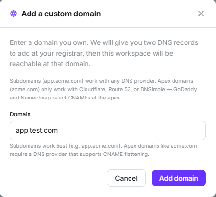 Add a custom domain modal explaining that subdomains work with any DNS provider while apex domains need Cloudflare, Route 53 or DNSimple
