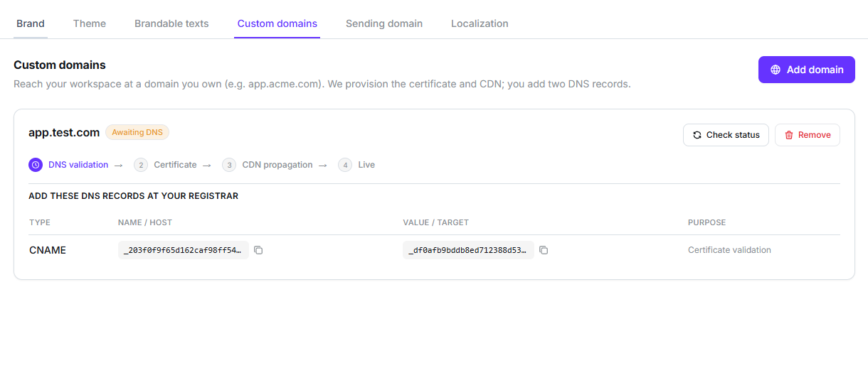 Custom domains sub-tab with a domain awaiting DNS, a four-step tracker and the certificate validation CNAME record