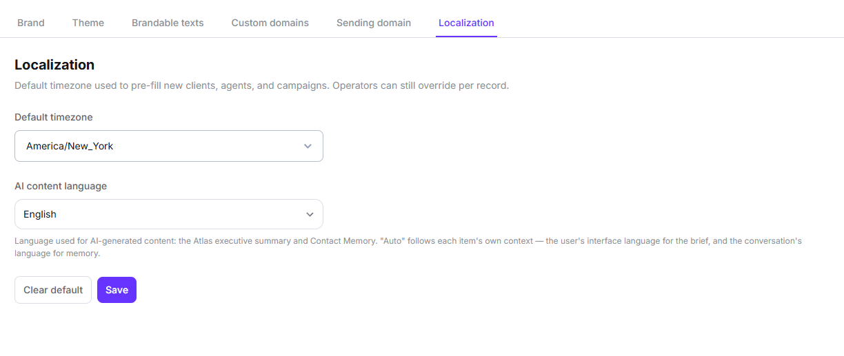 Localization sub-tab with the default timezone selector and the AI content language selector