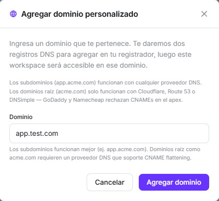 Modal Agregar dominio personalizado explicando que los subdominios funcionan con cualquier proveedor DNS mientras que los dominios raíz requieren Cloudflare, Route 53 o DNSimple