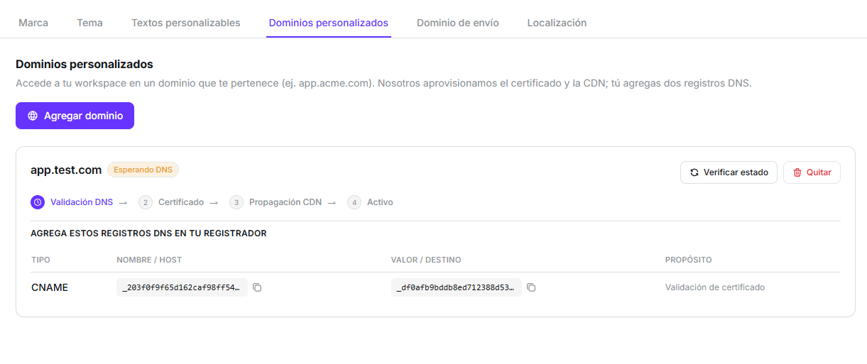 Sub-pestaña Dominios personalizados con un dominio esperando DNS, el indicador de cuatro pasos y el CNAME de validación de certificado