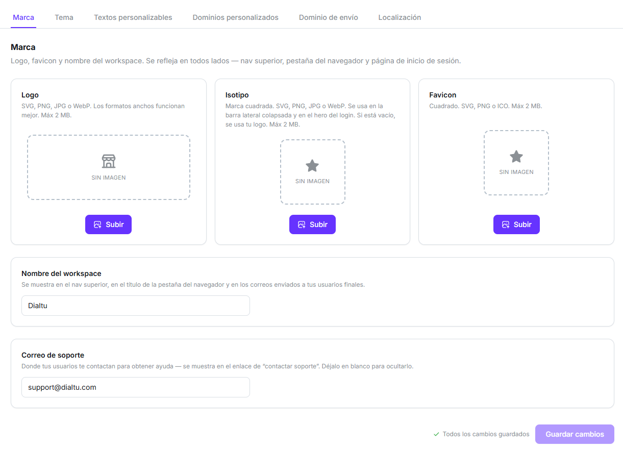 Sub-pestaña Marca con los recuadros de logo, isotipo y favicon vacíos, más los campos de nombre del workspace y correo de soporte