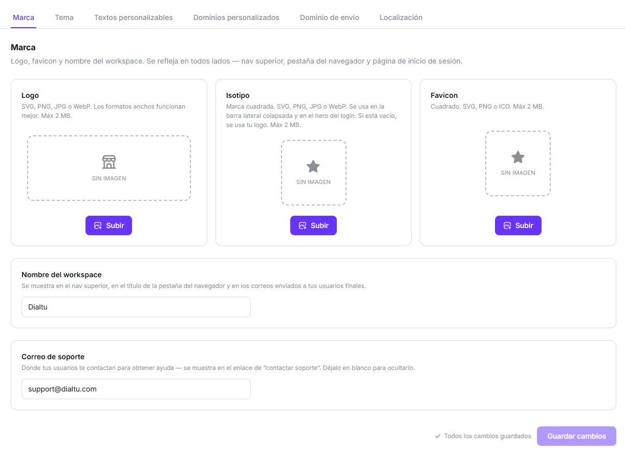 Sub-pestaña Marca con los recuadros de logo, isotipo y favicon vacíos, más los campos de nombre del workspace y correo de soporte