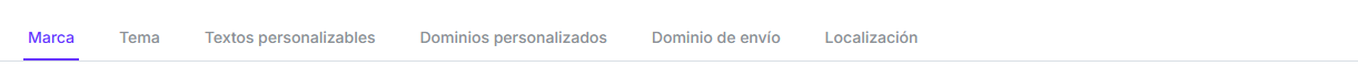 Sub-pestañas de Personalización: Marca, Tema, Textos personalizables, Dominios personalizados, Dominio de envío y Localización