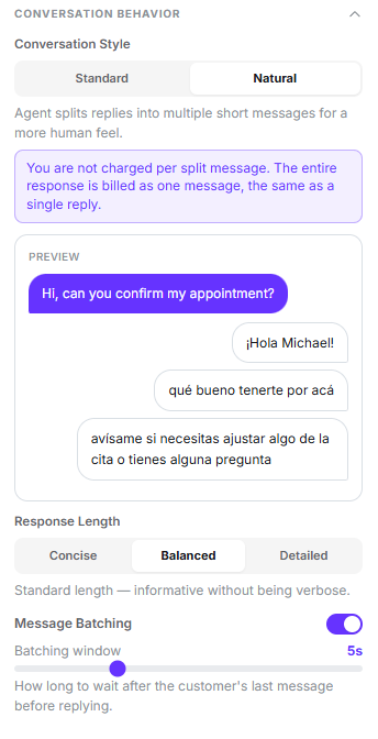 Conversation Behavior group with the Natural style selected, a preview of split messages, the response length selector and message batching