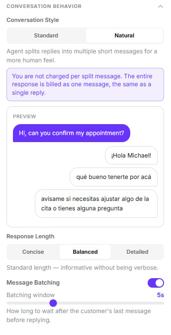 Conversation Behavior group with the Natural style selected, a preview of split messages, the response length selector and message batching