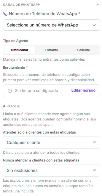 Grupo Canal de WhatsApp desplegado con el selector de número, el tipo de agente, el enrutamiento y los campos de etiquetas incluidas y excluidas