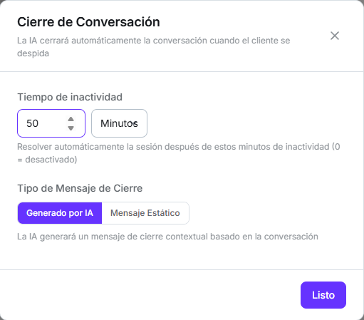 Modal Cierre de Conversación con 50 minutos de inactividad y el tipo de mensaje Generado por IA seleccionado
