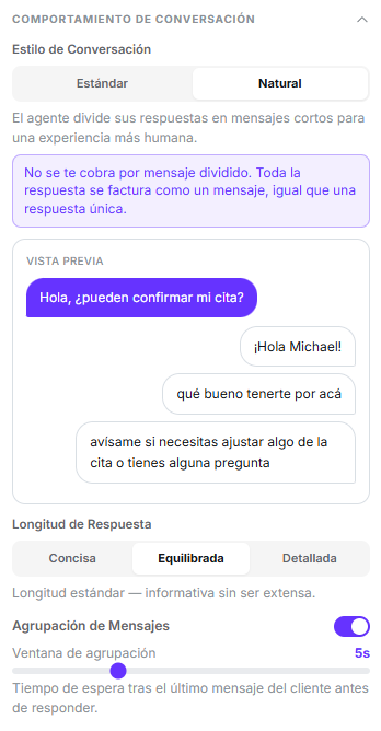 Grupo Comportamiento de conversación con el estilo Natural seleccionado, la vista previa de mensajes divididos, la longitud de respuesta y la agrupación de mensajes