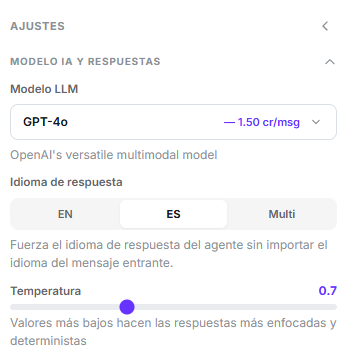 Grupo Modelo IA y Respuestas desplegado con el modelo LLM, el idioma de respuesta y la temperatura