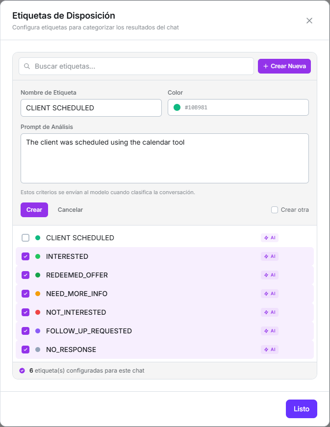 Modal Etiquetas de Disposición creando la etiqueta CLIENT SCHEDULED, sobre una lista de etiquetas ya configuradas con el distintivo AI