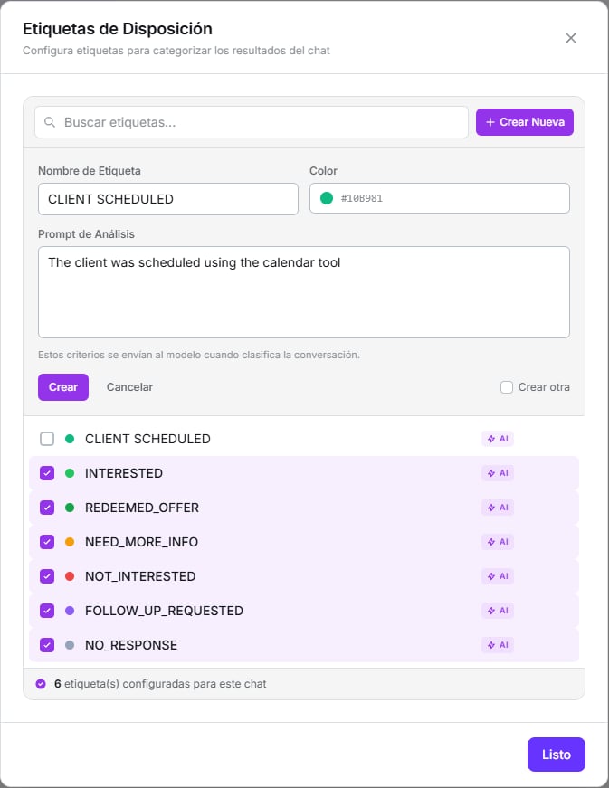 Modal Etiquetas de Disposición creando la etiqueta CLIENT SCHEDULED, sobre una lista de etiquetas ya configuradas con el distintivo AI