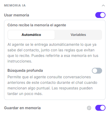 Grupo Memoria IA con el interruptor Usar memoria activado, el selector Automático y Variables, Búsqueda profunda desactivada y el interruptor Guardar en memoria