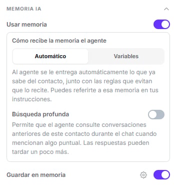 Grupo Memoria IA con el interruptor Usar memoria activado, el selector Automático y Variables, Búsqueda profunda desactivada y el interruptor Guardar en memoria