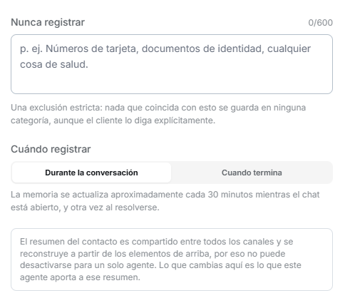 Campo Nunca registrar y el selector Cuándo registrar con las opciones Durante la conversación y Cuando termina