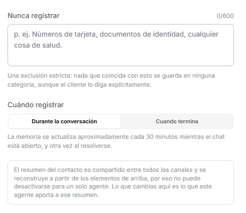 Campo Nunca registrar y el selector Cuándo registrar con las opciones Durante la conversación y Cuando termina