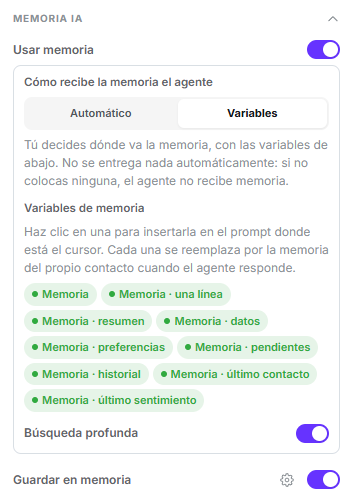 Grupo Memoria IA en modo Variables mostrando las nueve fichas, de Memoria a Memoria último sentimiento