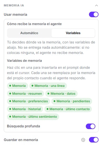 Grupo Memoria IA en modo Variables mostrando las nueve fichas, de Memoria a Memoria último sentimiento