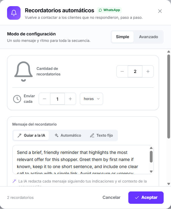 Modal Recordatorios automáticos en modo Simple con dos recordatorios cada hora y la estrategia Guiar a la IA