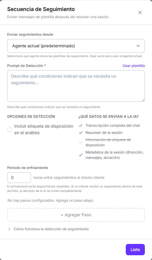 Modal Secuencia de Seguimiento con el selector de agente, el prompt de detección, las opciones de detección, los datos que se envían a la IA y el período de enfriamiento