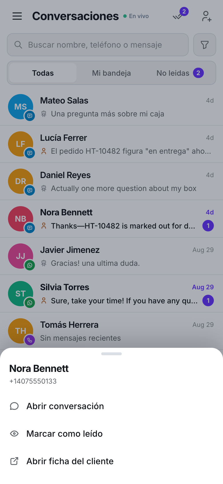 Un panel inferior titulado Nora Bennett con su número de teléfono y las opciones Abrir conversación, Marcar como leída y Abrir ficha del cliente