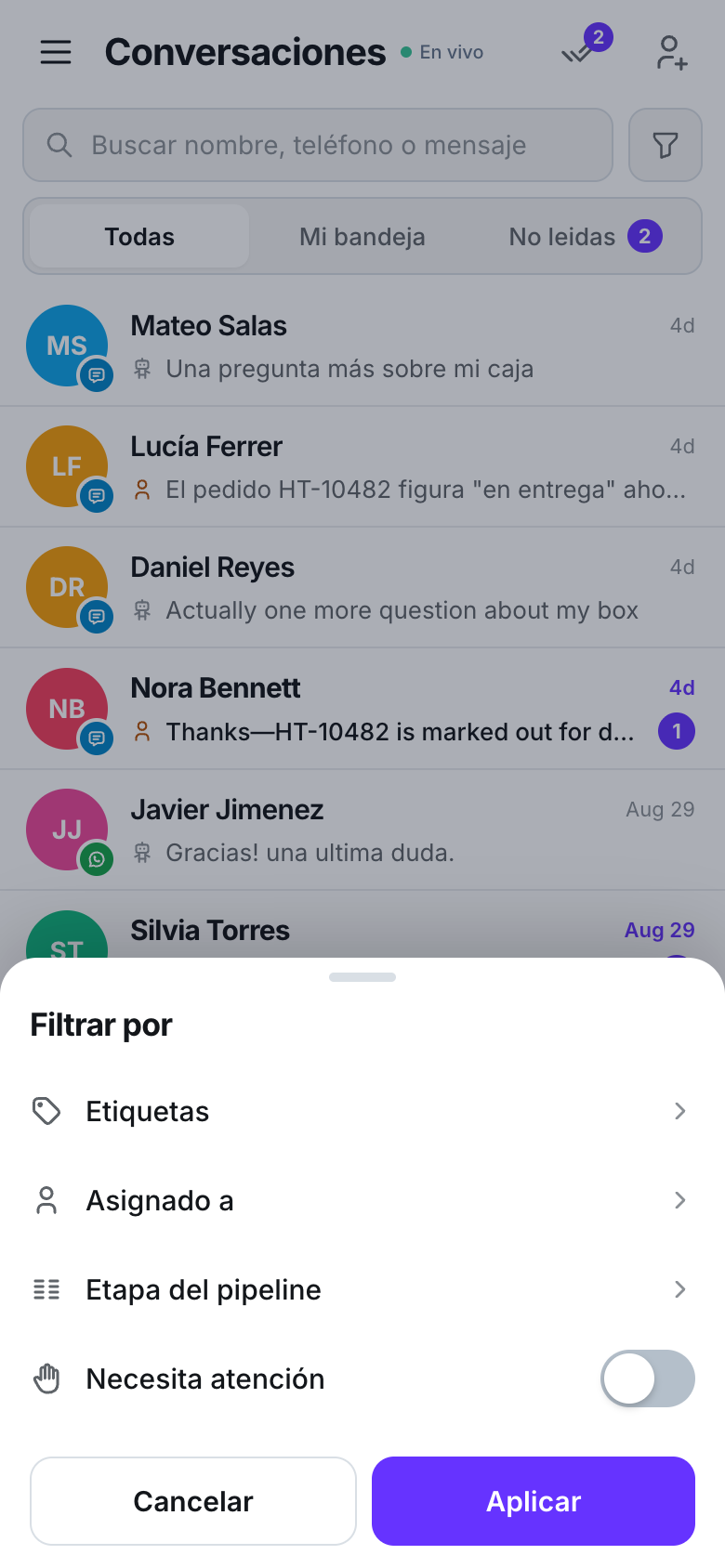 Un panel inferior titulado Filtrar por con las filas Etiquetas, Asignado a y Etapa del pipeline, un interruptor Necesita atención y los botones Cancelar y Aplicar