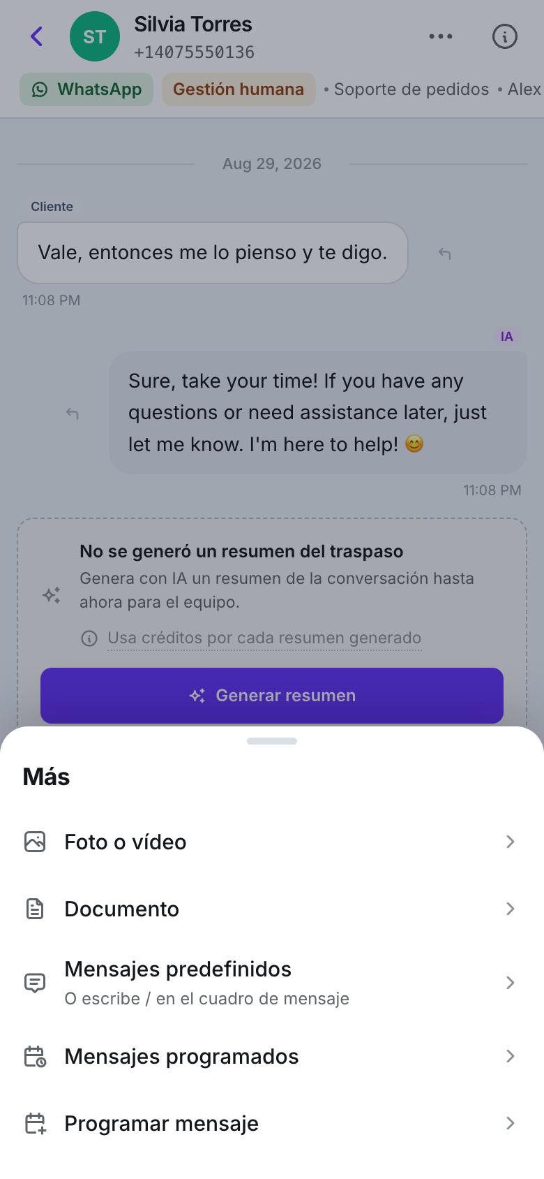 Un panel inferior titulado Más con las filas Foto o vídeo, Documento, Mensajes predefinidos, Mensajes programados y Programar mensaje