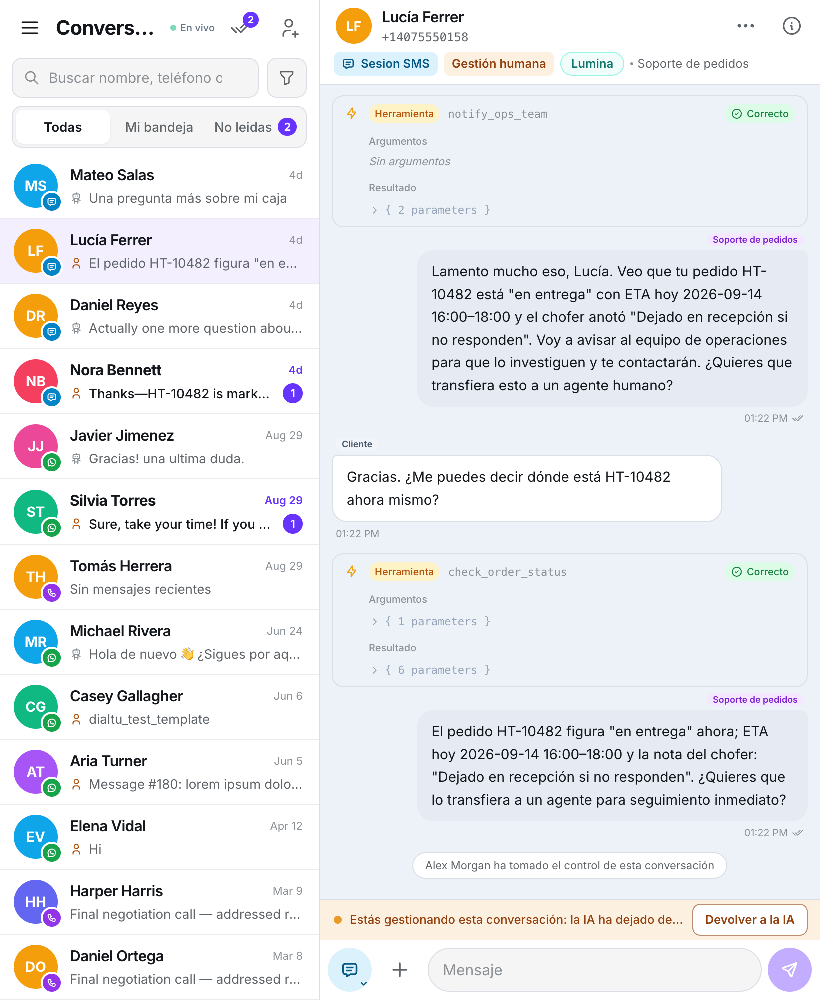 Diseño de tablet con la lista de la bandeja en una columna de 320 píxeles a la izquierda y el hilo de SMS con su redactor a la derecha
