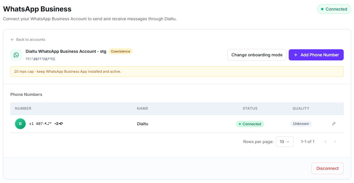WhatsApp Business panel showing the connected account and the number with Connected status