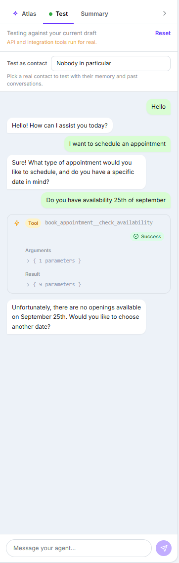 Agent test panel showing a conversation and a tool execution