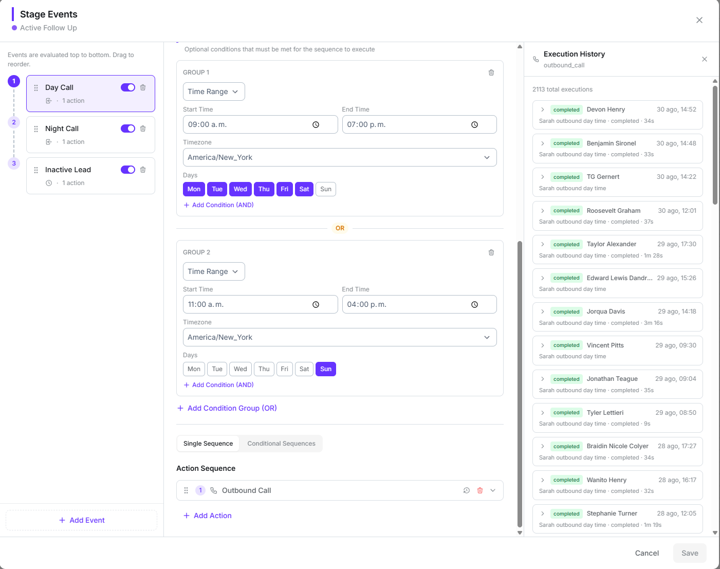 Condition builder with two time-range groups combined with OR, next to the execution history panel