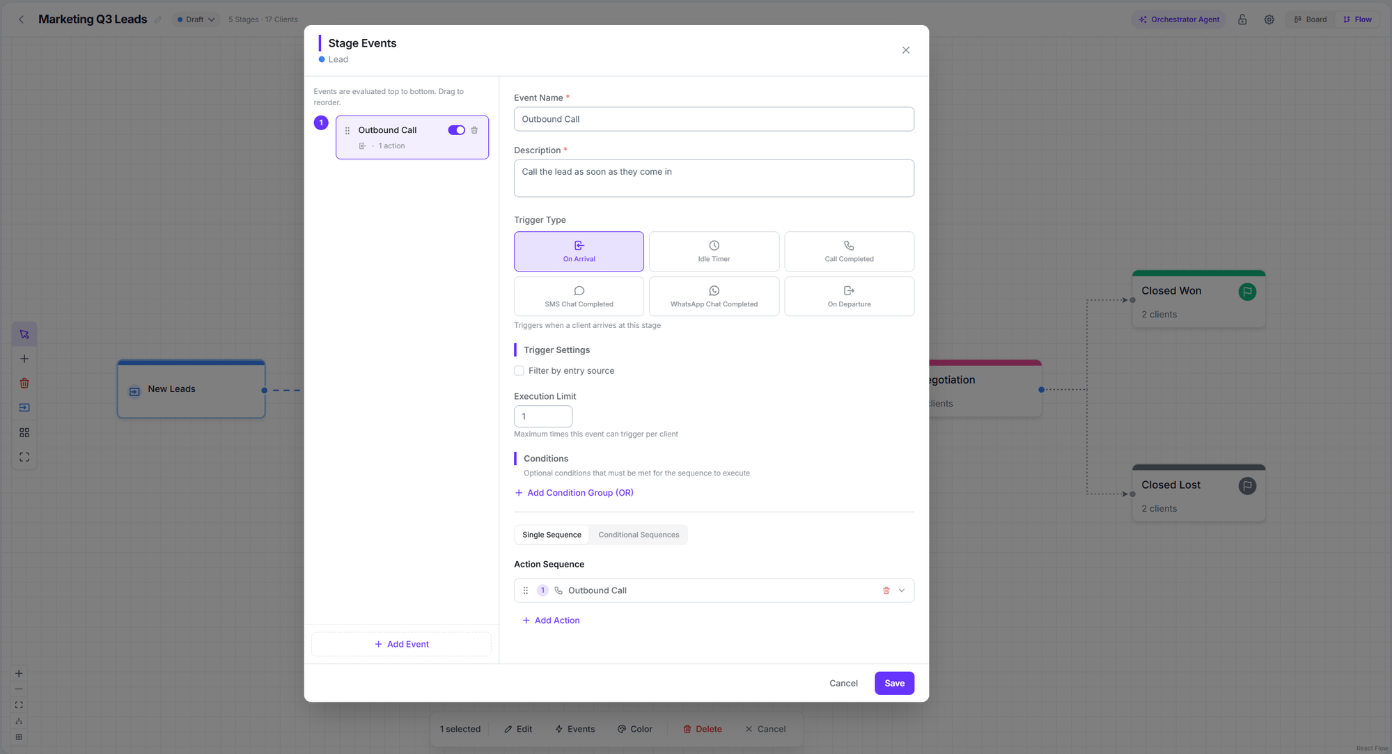 Stage events modal showing the event list, the trigger form and the action sequence