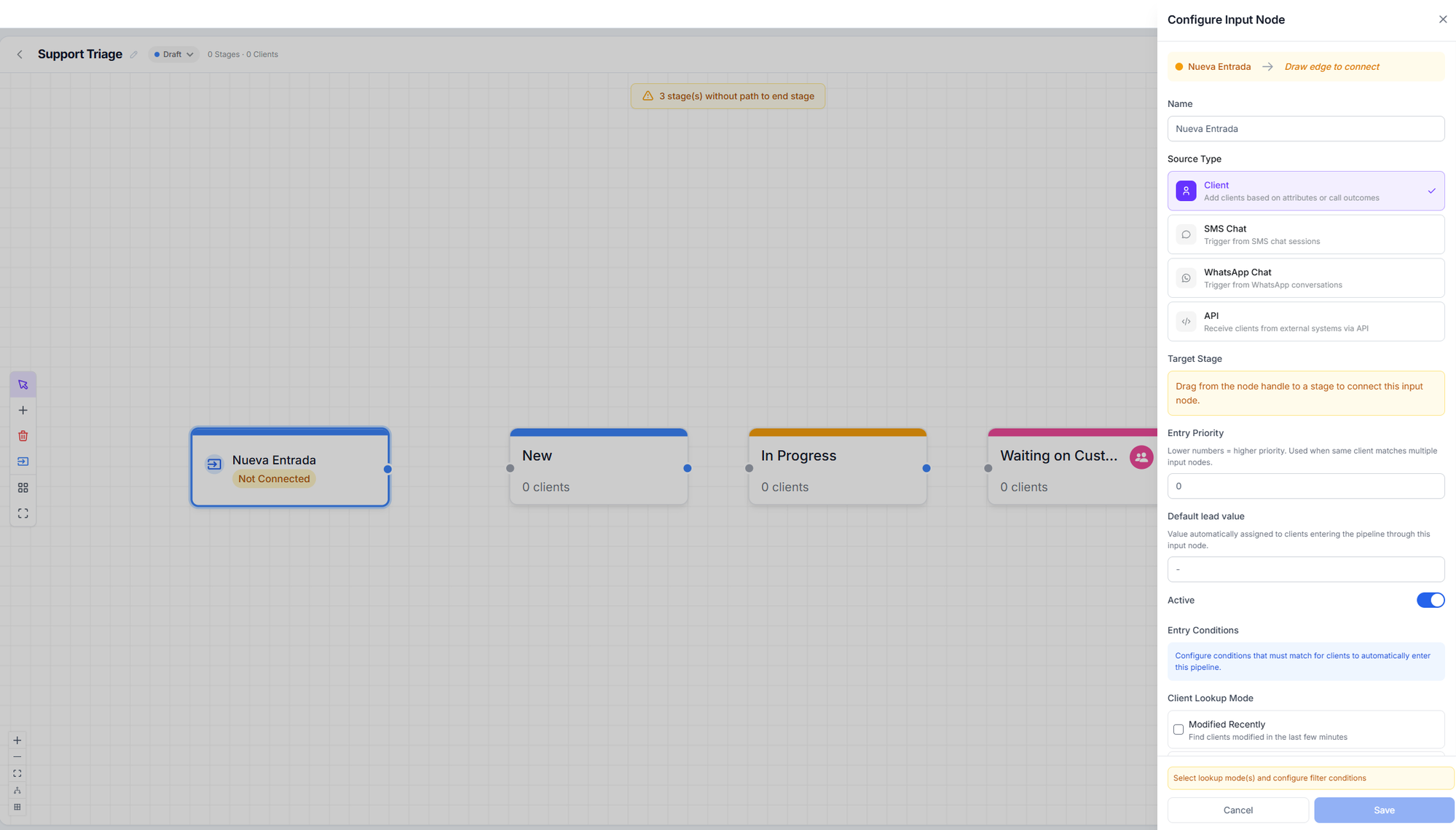 Input node configuration panel showing the four source types and the entry conditions