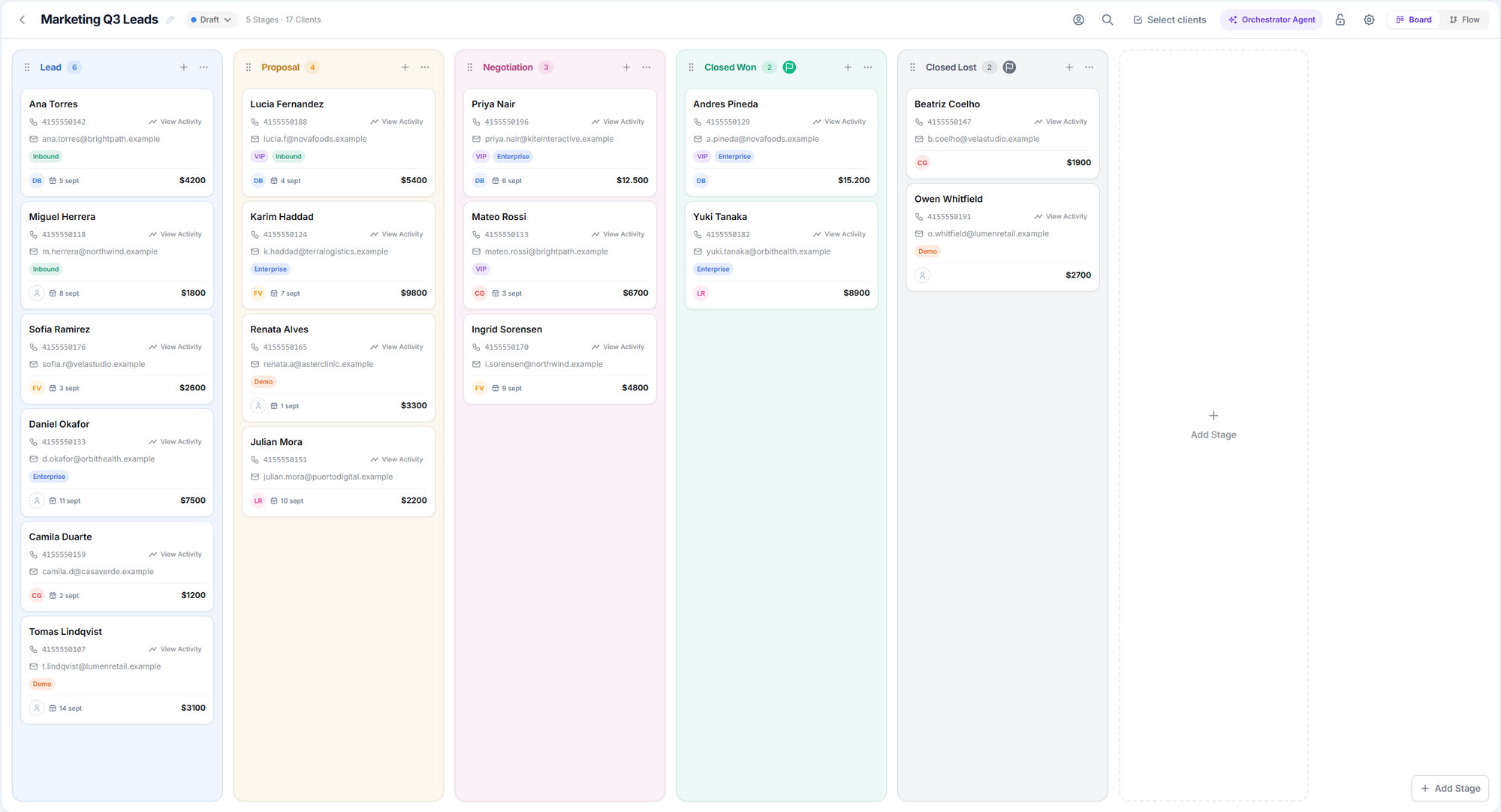 Kanban board with Lead, Proposal, Negotiation, Closed Won and Closed Lost stages, showing client cards