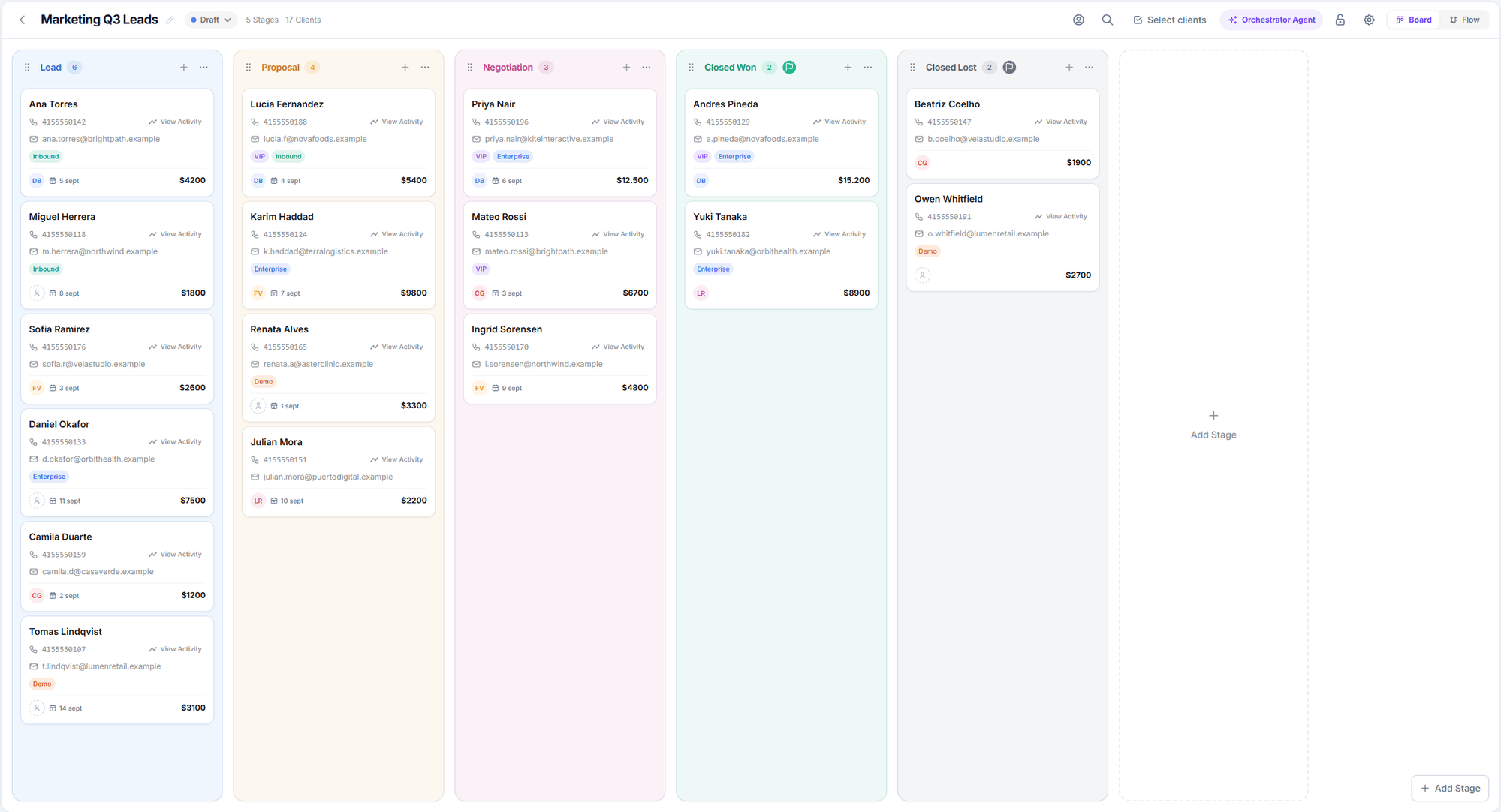 Kanban board with Lead, Proposal, Negotiation, Closed Won and Closed Lost stages, showing client cards