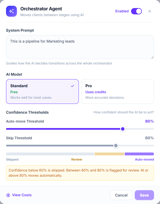 Orchestrator modal with the system prompt, AI model choice and confidence thresholds