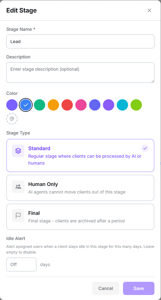 Stage edit modal with name, colour, the three stage types and the idle alert