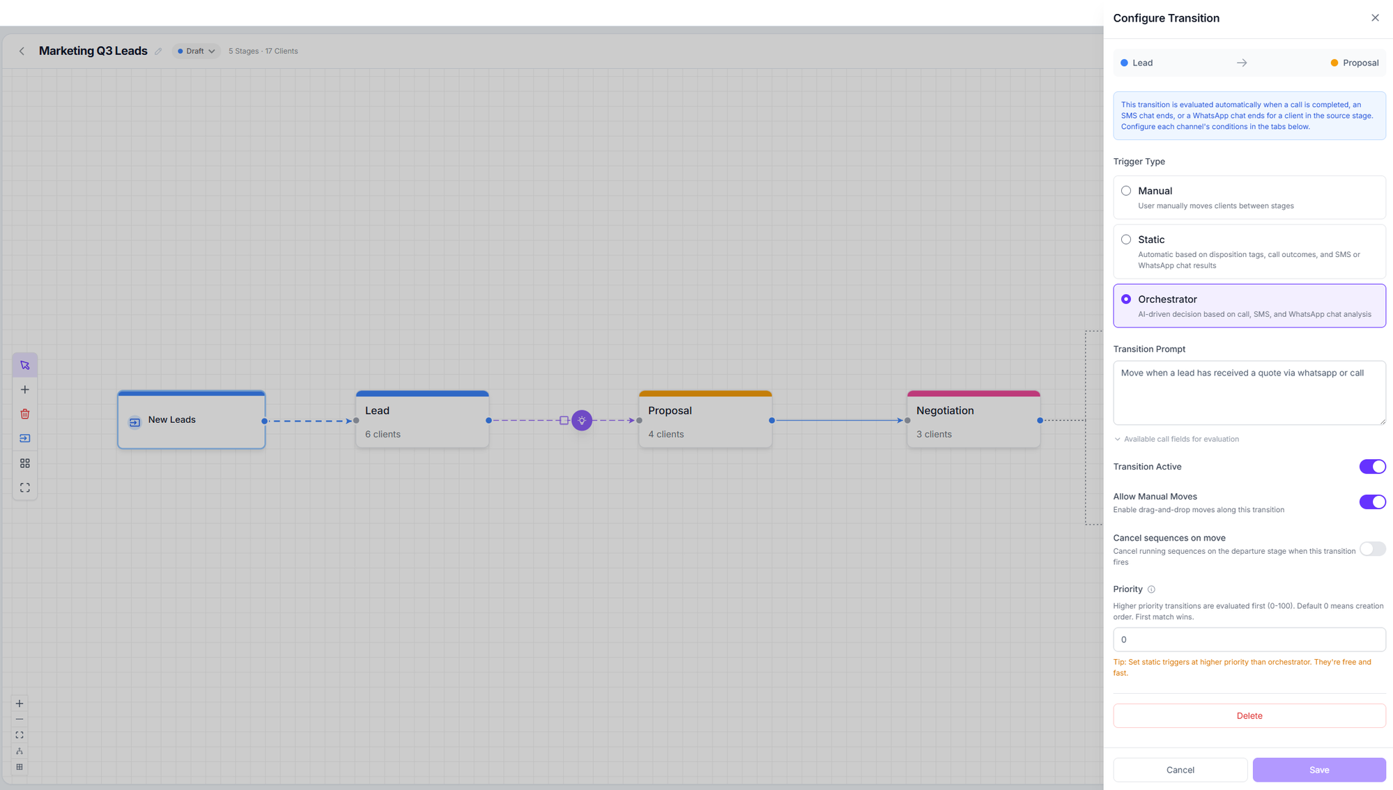 Transition configuration panel showing Manual, Static and Orchestrator, with the transition prompt