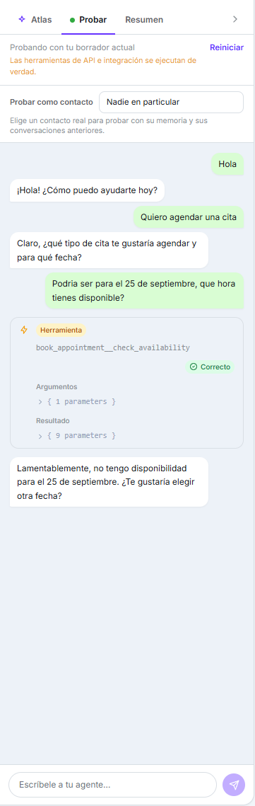 Panel de prueba del agente con una conversación y una herramienta ejecutada