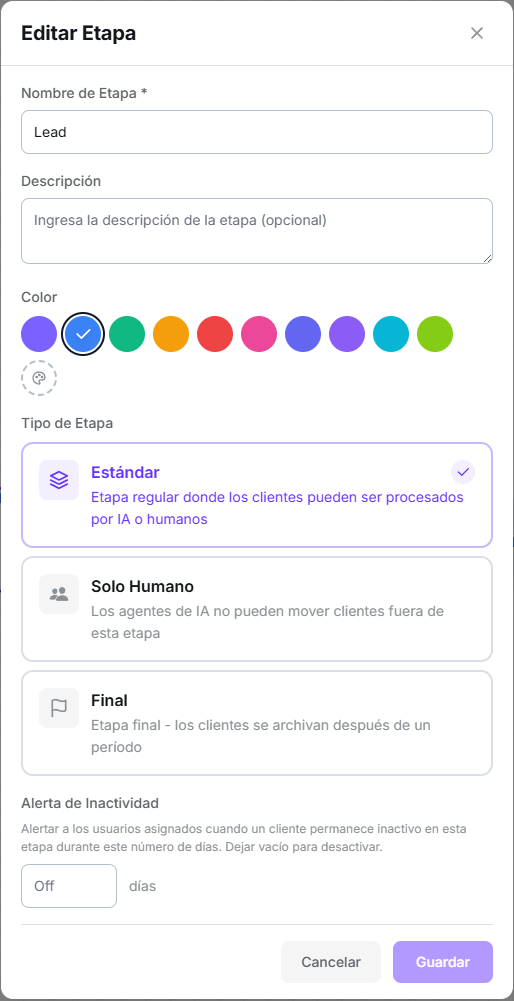 Modal de edición de etapa con nombre, color, los tres tipos de etapa y la alerta de inactividad