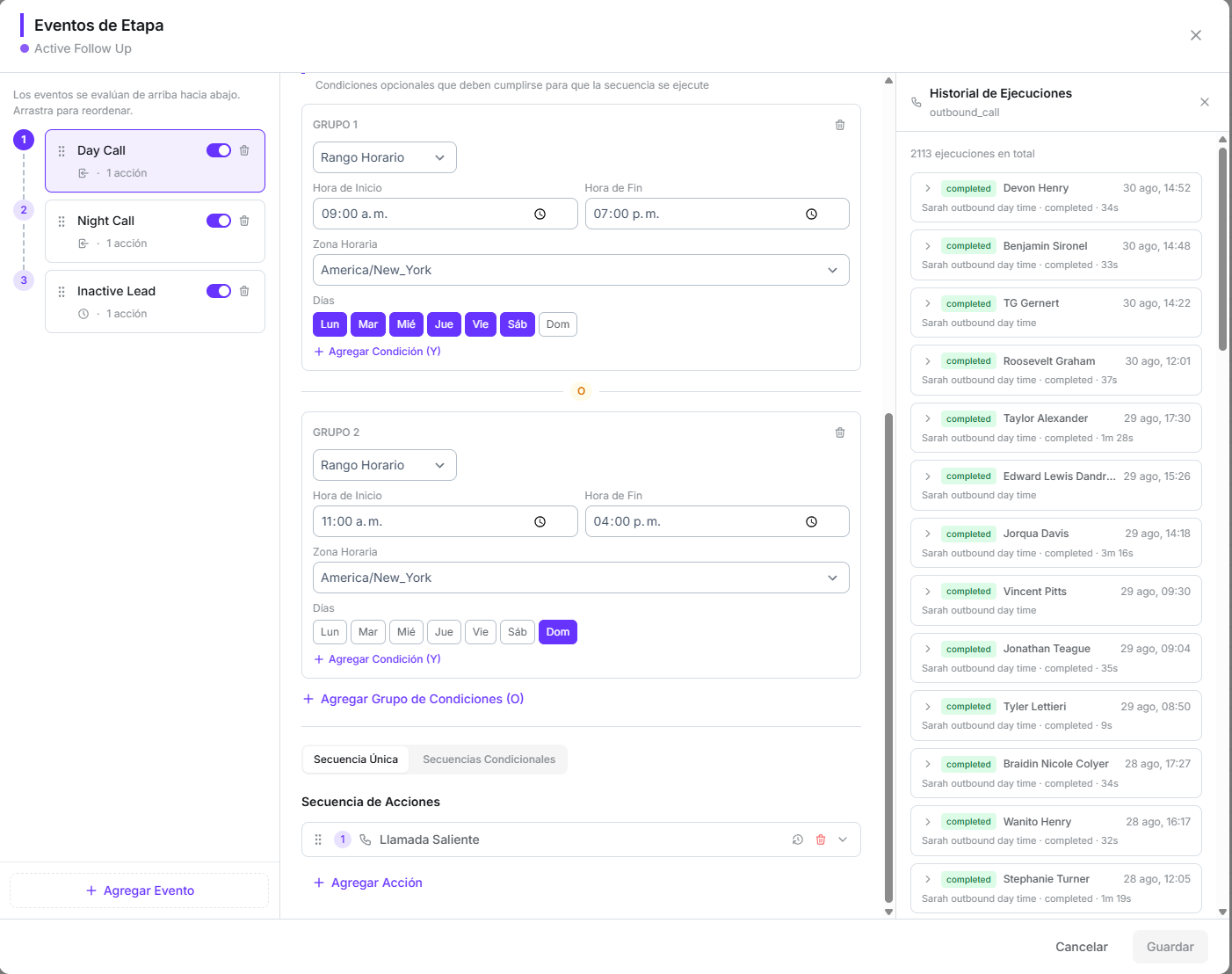 Constructor de condiciones con dos grupos de rango horario combinados con O, junto al historial de ejecuciones