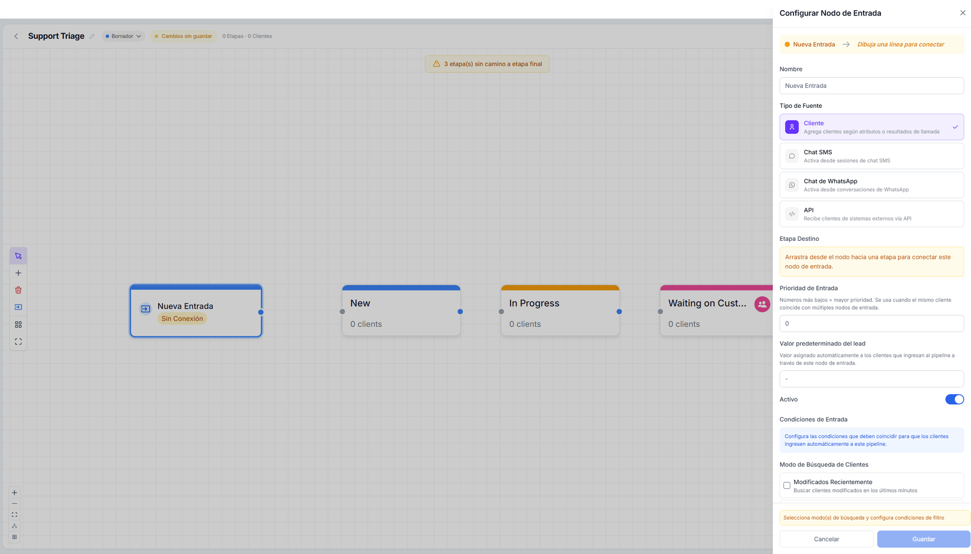 Panel de configuración de nodo de entrada con los cuatro tipos de fuente y las condiciones de entrada